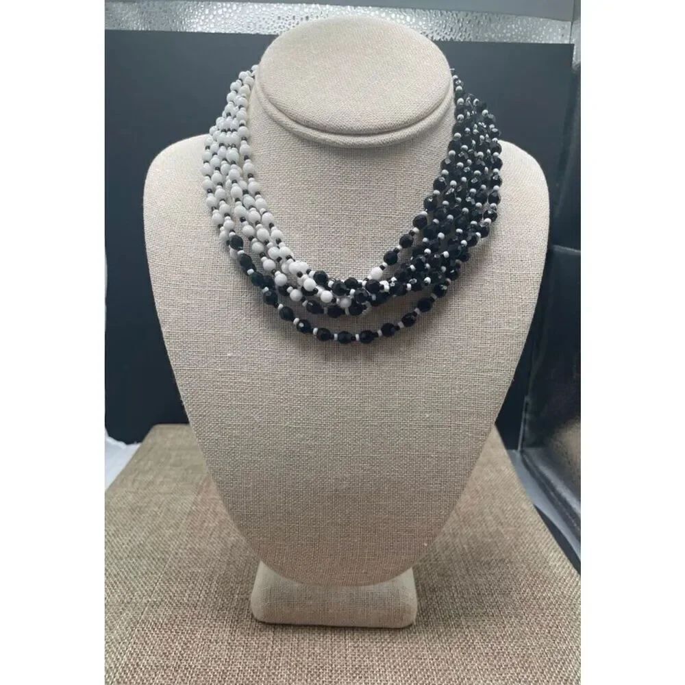Vintage Miriam Haskell Multi-Strand Black & White Glass Bead Necklace
